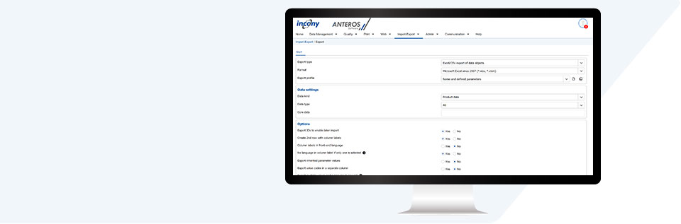 Import and export in ANTEROS PIM from SAP, Navision, etc.