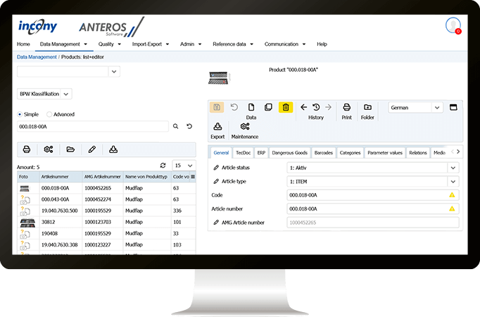 Structured maintenance of PIM data in ANTEROS in tabs