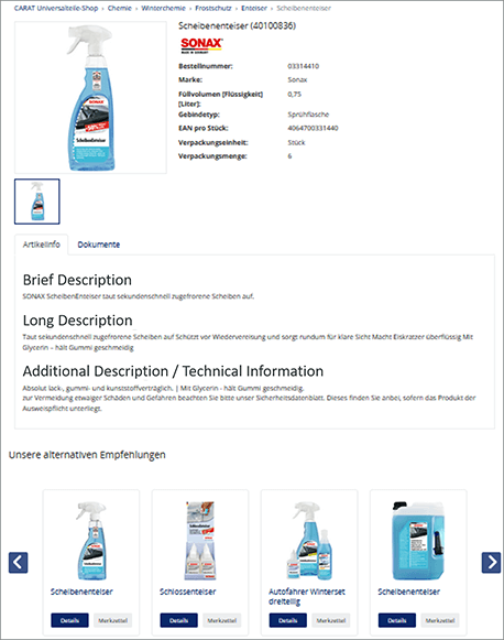 Presentation of product data online in the CARAT online store