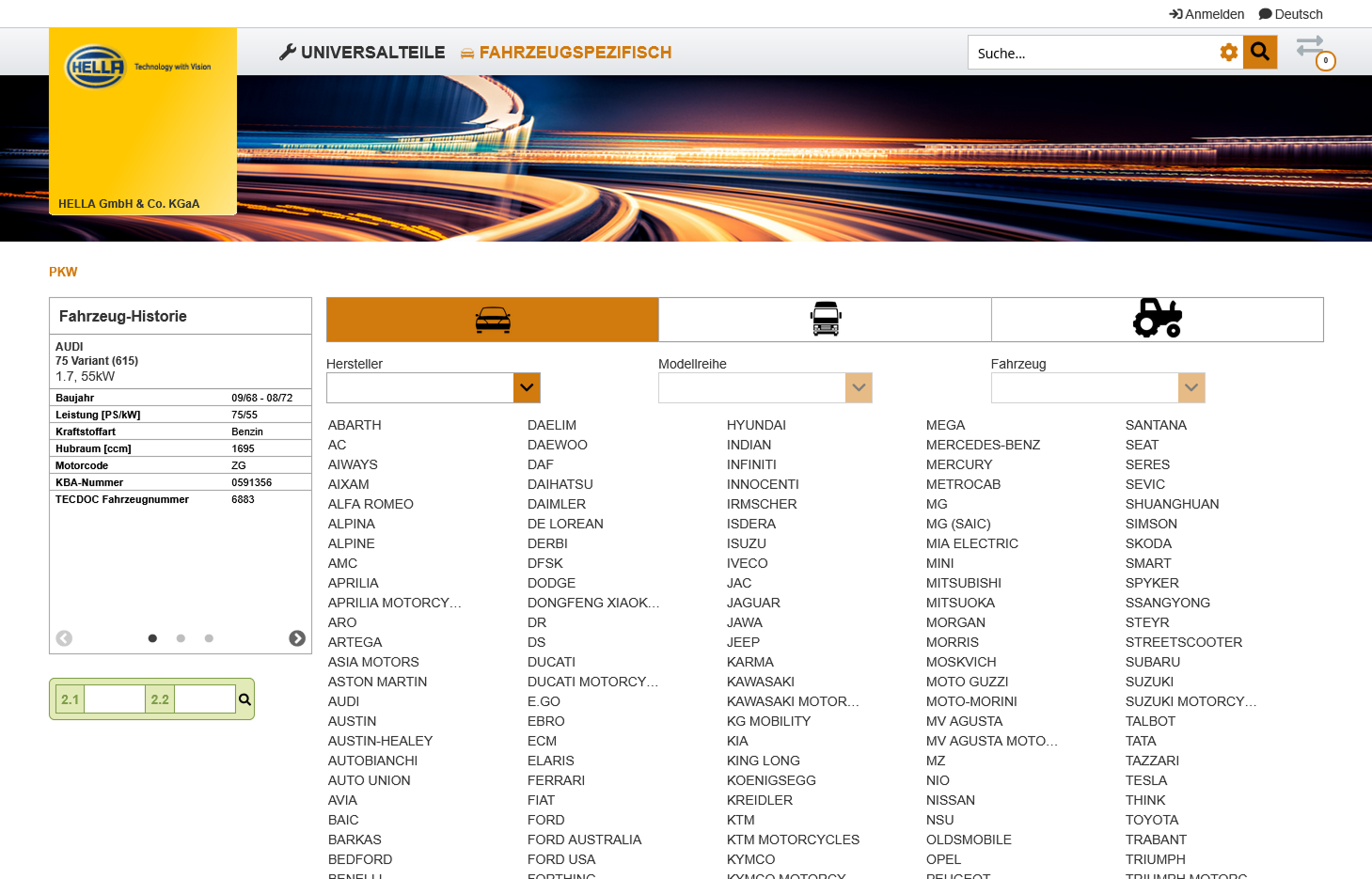 Vehicle search in the Hella Webshop: from manufacturer to model to vehicle, thanks to TecDoc and SAP integration Vehicle search in the Hella Webshop with TecDoc and SAP integration