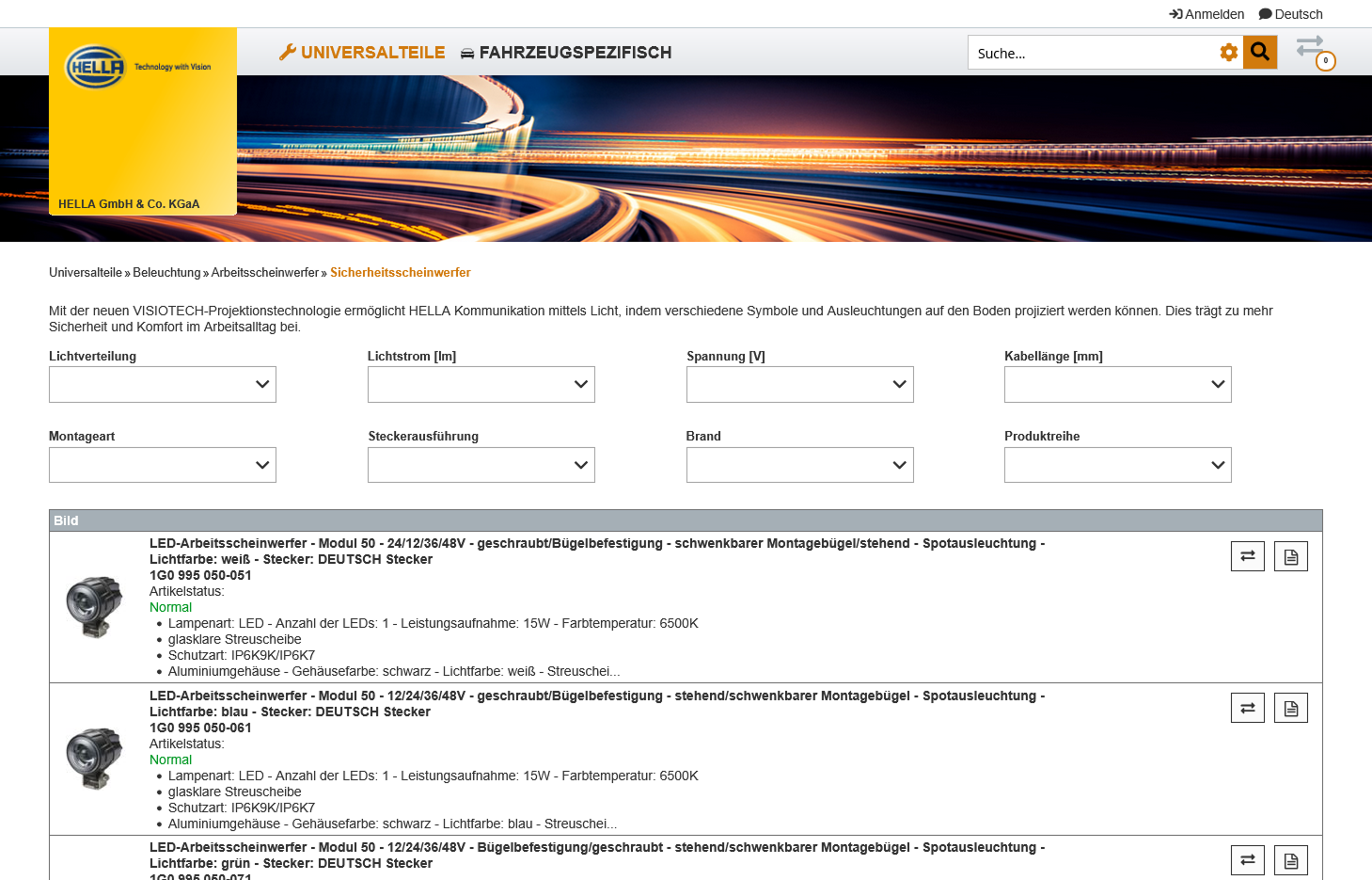 Clear product list in the Hella Webshop with efficient filtering options ANTEROS.web with efficient filtering options in the product lists