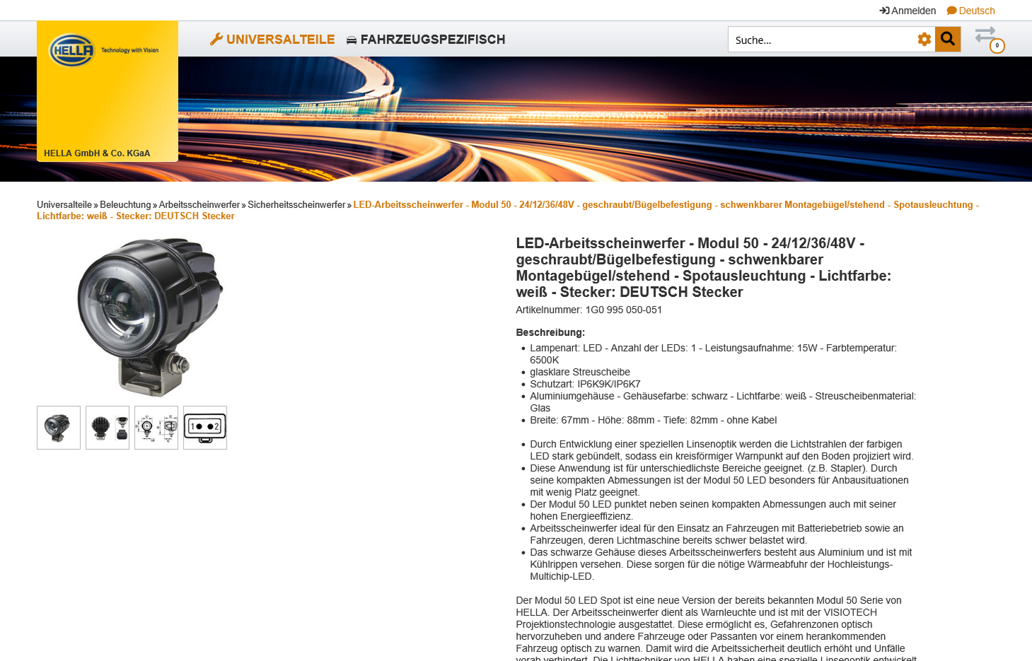 All product information at a glance Product detail page in the Hella Webshop