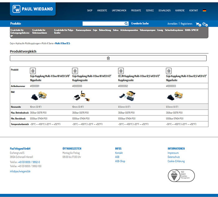 Paul Wiegand online store: screenshot of product comparison Paul Wiegand online store: screenshot for product comparison