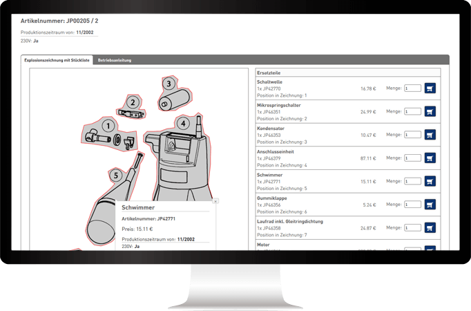Spare parts shop with ordering directly via an exploded drawing